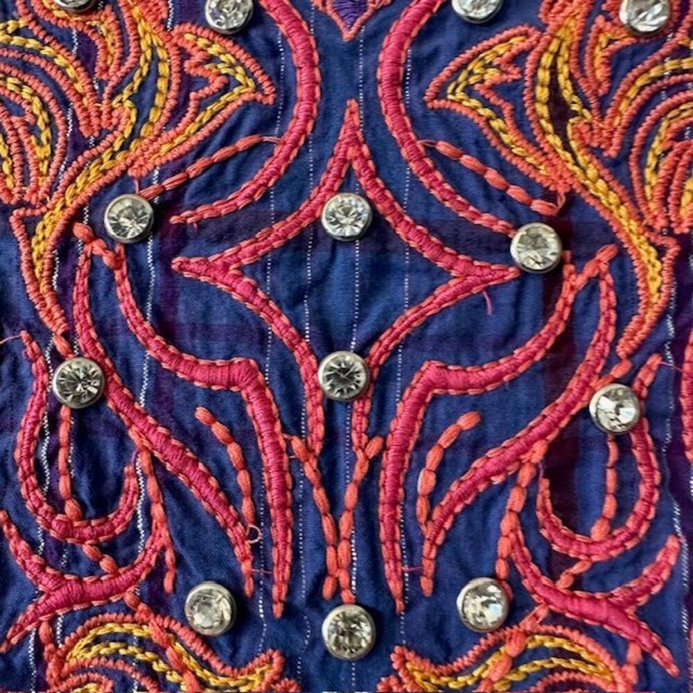Roar Embroidered Western Plaid Shirt Orange Rhinestone Embellished Button Up Med - Picture 11 of 15